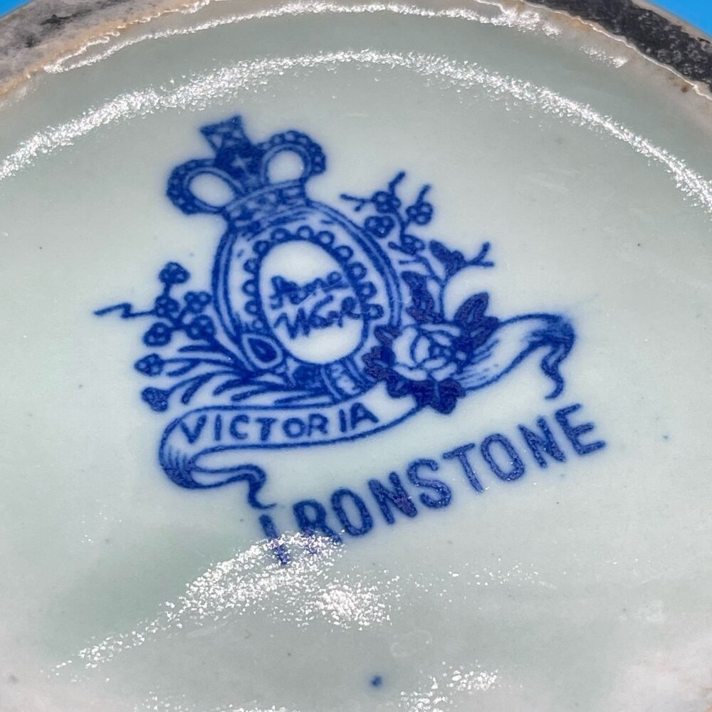 Vtg Victoria Ware Ironstone Pitcher Jug Flow Blue Transfer Ware Asian Village - Picture 11 of 11